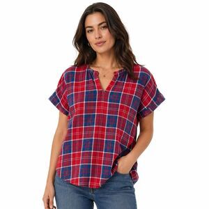 Duluth Trading Co Blouse Womens Small Red Plaid V Neck Short Sleeve Top